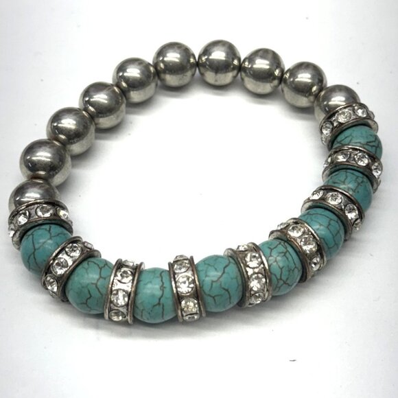 Vintage silver turquoise rhinestone beaded stretch bracelet - Picture 1 of 4